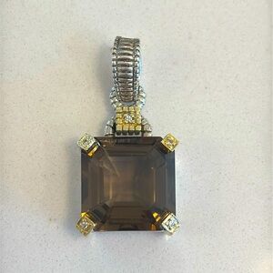Judith Ripka smoky topaz square faceted charm. Sterling, 18k gold, smoky topaz